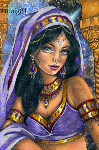 Grayscale Coloring Page, Fairy Tale One Thousand and One Nights. Scheherazade’s Spellbinding Gaze
