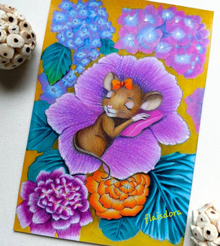 A Hydrangea Bed for the Sleeping Sweet Mouse - Grayscale coloring page version 8, printable adult coloring art by Julia Spiri