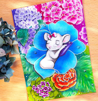 A Hydrangea Bed for the Sleeping Sweet Mouse - Grayscale coloring page version 7, printable adult coloring art by Julia Spiri