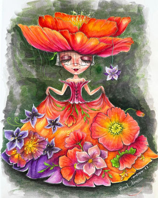Dibujos para colorear, niña con ropa de flores de fantasía. El vestido de flores