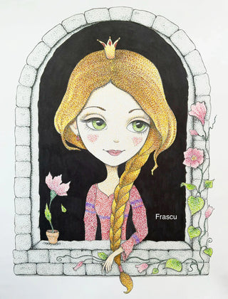 The Princess at the Window - Grayscale coloring page version 6, printable adult coloring art by Julia Spiri