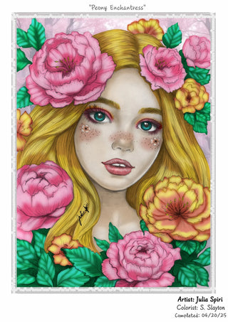 Portrait of a Peony Enchantress - Grayscale coloring page version 8, printable adult coloring art by Julia Spiri