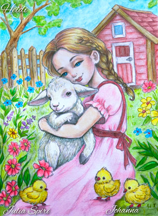 Grayscale Coloring Page, Girl with baby goat and chicks in garden. Heidi