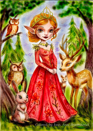 Grayscale Coloring Page, Elf with Forest Animals. The Queen Elf and Her Woodland Family