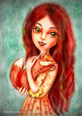 Page de coloriage en niveaux de gris, fille rousse avec renard. Roxy et Foxy