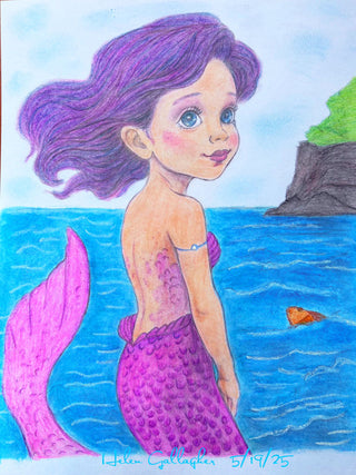 Grayscale Coloring Page, Mermaid in Sea. The Littlest Siren