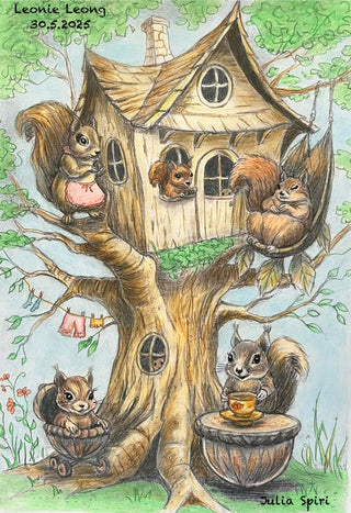Grayscale Coloring Page, The Squirrel Family lives in a tree in the forest. A day in the life of squirrels