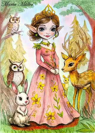 Grayscale Coloring Page, Elf with Forest Animals. The Queen Elf and Her Woodland Family