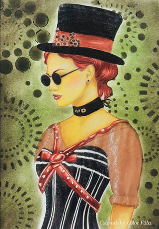 Page de coloriage en niveaux de gris, Steampunk Girl. Lucie