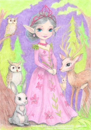 Grayscale Coloring Page, Elf with Forest Animals. The Queen Elf and Her Woodland Family
