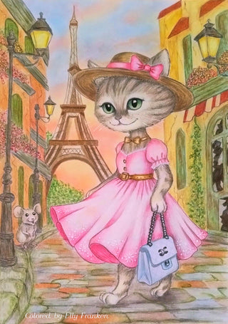 Grayscale Coloring Page. Whimsy Cat strolling in Paris. Purrisian Stroll