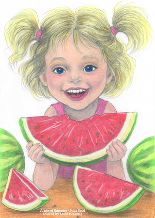 Grayscale Coloring Page. Smiling Girl with Watermelon. A Bite of Summer