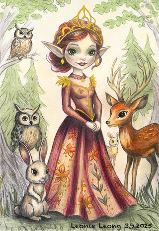 Grayscale Coloring Page, Elf with Forest Animals. The Queen Elf and Her Woodland Family