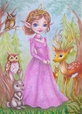 Grayscale Coloring Page, Elf with Forest Animals. The Queen Elf and Her Woodland Family