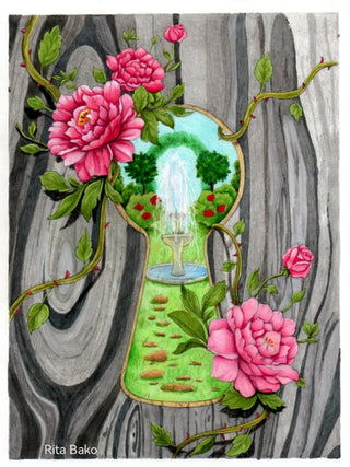 Garden door - Grayscale coloring page version 3, printable adult coloring art by Julia Spiri