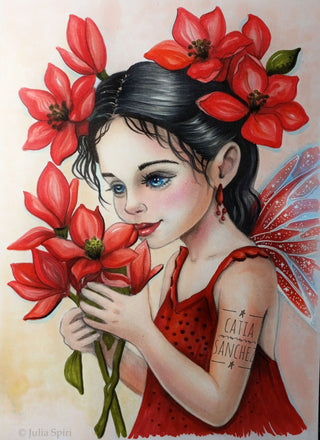 Grayscale Coloring Page. Whimsy Fairy Girl with Magnolias. Whispers of Magnolia