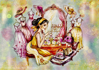 Grayscale Coloring Page. Beautiful Girl with Dresses, Hats, Handbags and Perfumes. The Dreaming Wardrobe