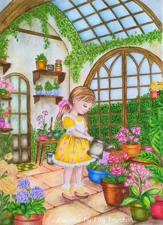 Grayscale Coloring Page, Girl Watering Flowers. The GreenHouse