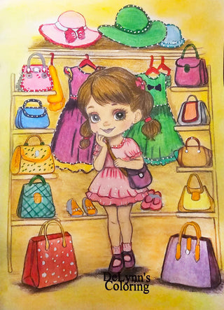 Grayscale Coloring Page, Little Girl and her Closet. Coquette's Dilemma: Picking the Ideal Bag.