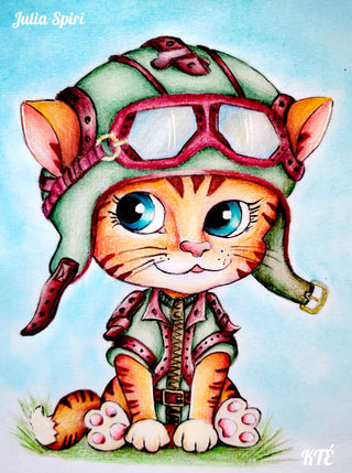 Steampunk Coloring Page, Fantasy, Whimsy Cat. Aviator Cat