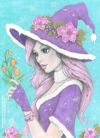 The Winter Sorceress - High-quality printable art, grayscale coloring page for relaxation