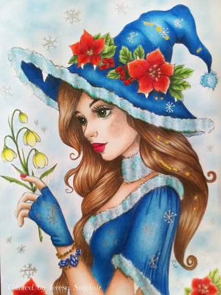 The Winter Sorceress - Grayscale coloring page version 7, printable adult coloring art by Julia Spiri