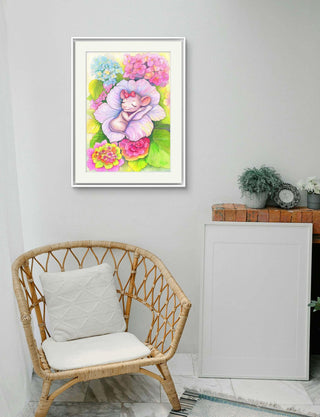 Grayscale Coloring Page. Original Watercolor Painting. A Hydrangea Bed for the Sleeping Sweet Mouse