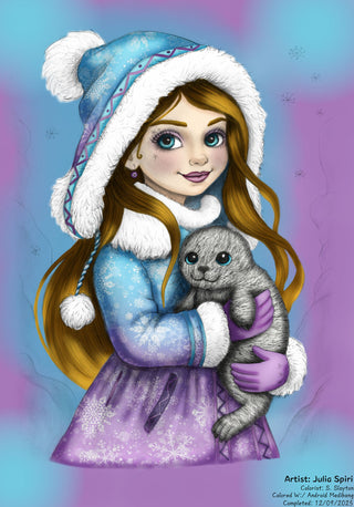 Grayscale Coloring Page. Winter Girl with Seal. Freya and the Seal Pup