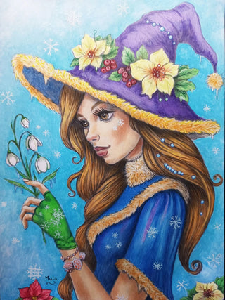 The Winter Sorceress - Grayscale coloring page version 6, printable adult coloring art by Julia Spiri