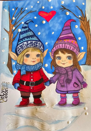 Grayscale Coloring Page. Little Gnomes in Winter