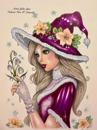 The Winter Sorceress - Grayscale coloring page version 8, printable adult coloring art by Julia Spiri