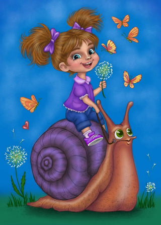 Grayscale Coloring Page. A Cute Girl Riding a Snail. A Slow Ride to Happiness