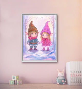 Grayscale Coloring Page. Original Watercolor Painting. Little Gnomes in Winter