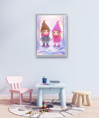 Grayscale Coloring Page. Original Watercolor Painting. Little Gnomes in Winter