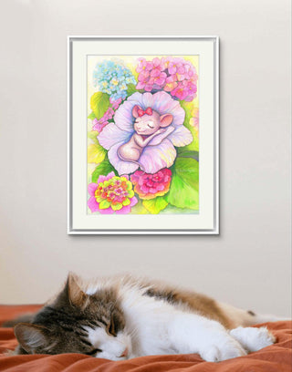 Grayscale Coloring Page. Original Watercolor Painting. A Hydrangea Bed for the Sleeping Sweet Mouse
