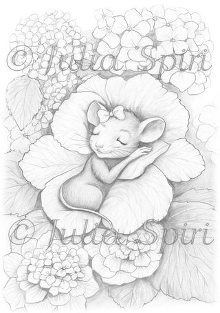 A Hydrangea Bed for the Sleeping Sweet Mouse - Grayscale light version, ideal for delicate blending, printable art