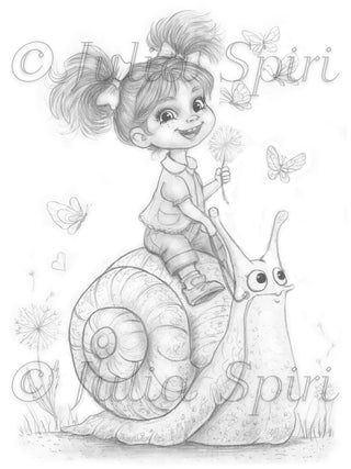Grayscale Coloring Page. A Cute Girl Riding a Snail. A Slow Ride to Happiness