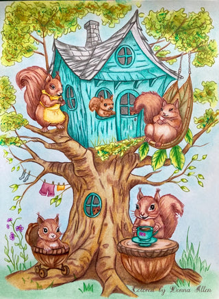 A day in the life of squirrels - Grayscale coloring page, printable adult coloring art by Julia Spiri. colored 3