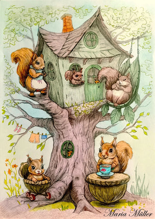 A day in the life of squirrels - Grayscale coloring page version 4, printable adult coloring art by Julia Spiri
