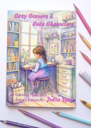 Adult Coloring Postcards Set - Artist's Edition. Cozy Corners and Cute Characters. Portada