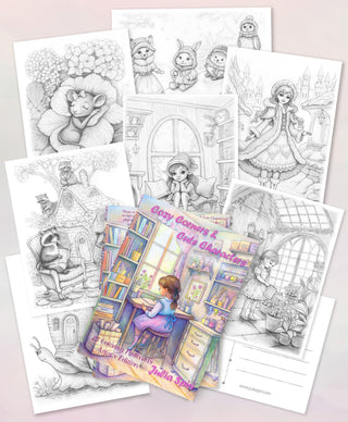 Adult Coloring Postcards Set - Artist's Edition. Cozy Corners and Cute Characters