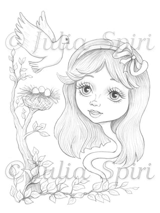 Alice and Pigeon - Printable grayscale coloring page for adults by Julia Spiri, instant download