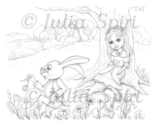 Alice and Rabbit - Printable grayscale coloring page for adults by Julia Spiri, instant download