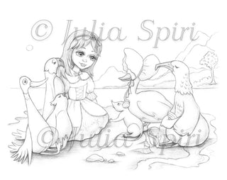 Alice with the birds and the mouse - Printable grayscale coloring page for adults by Julia Spiri, instant download