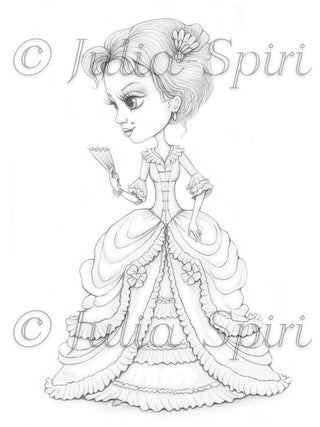 Victorian Coloring Page, Digital stamp, Dig, Vintage Girl, Old dress, Lace, Fan, Past fashion, Rustic, Crafting, Fantasy, Whimsy. Annabelle - The Art of Julia Spiri