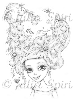 Apple Hairstyle - Printable grayscale coloring page for adults by Julia Spiri, instant download
