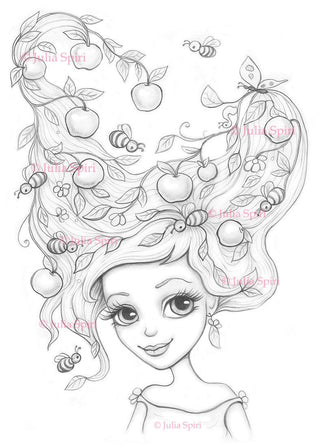 Coloring page, Fantasy Girl with Apples and Bees Hair. Apple Hairstyle