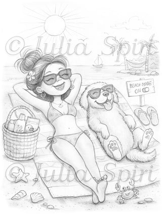 Grayscale Coloring Page, Sunny Girl with Dog Sunbathing. Beach Mode: ON