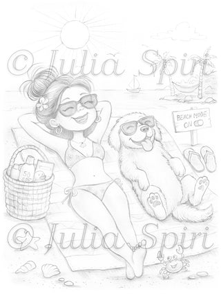 Grayscale Coloring Page, Sunny Girl with Dog Sunbathing. Beach Mode: ON