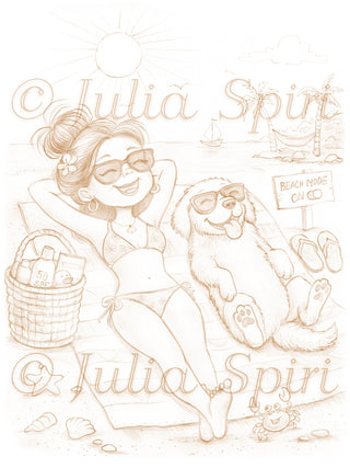 Grayscale Coloring Page, Sunny Girl with Dog Sunbathing. Beach Mode: ON
